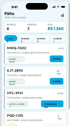 App do pátio no celular, com a fila de carros e os botões de avisar e cobrar